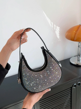 Load image into Gallery viewer, PU Rhinestone-Embellished Double-Zip Half Moon Crescent Shoulder Bag
