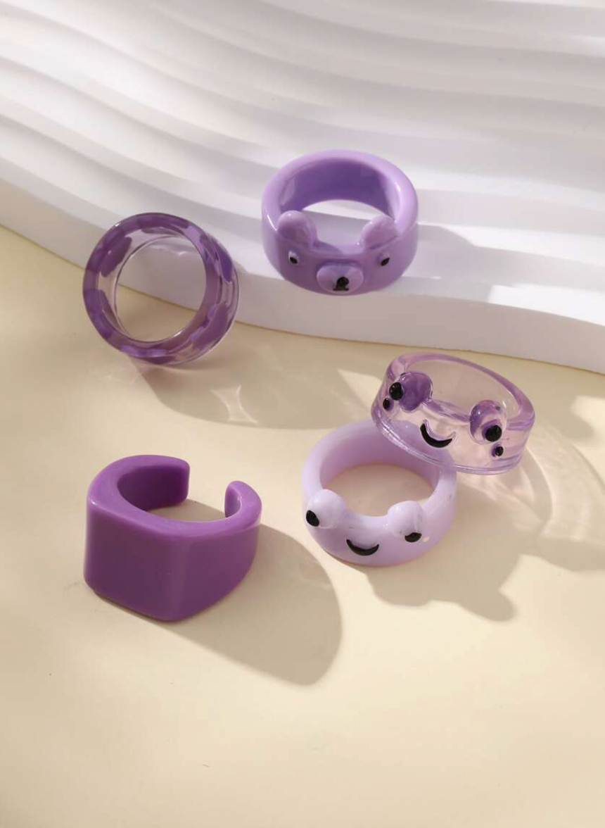 5pcs set Purple Frog & Bear Cute Rings