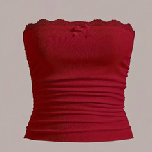Load image into Gallery viewer, Lace Rushed Red Tube Top
