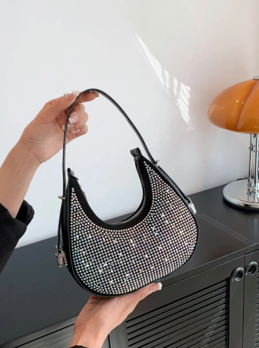 PU Rhinestone-Embellished Double-Zip Half Moon Crescent Shoulder Bag