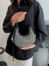 Load image into Gallery viewer, PU Rhinestone-Embellished Double-Zip Half Moon Crescent Shoulder Bag
