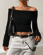 Load image into Gallery viewer, Foldover Off Shoulder Crop Sweater
